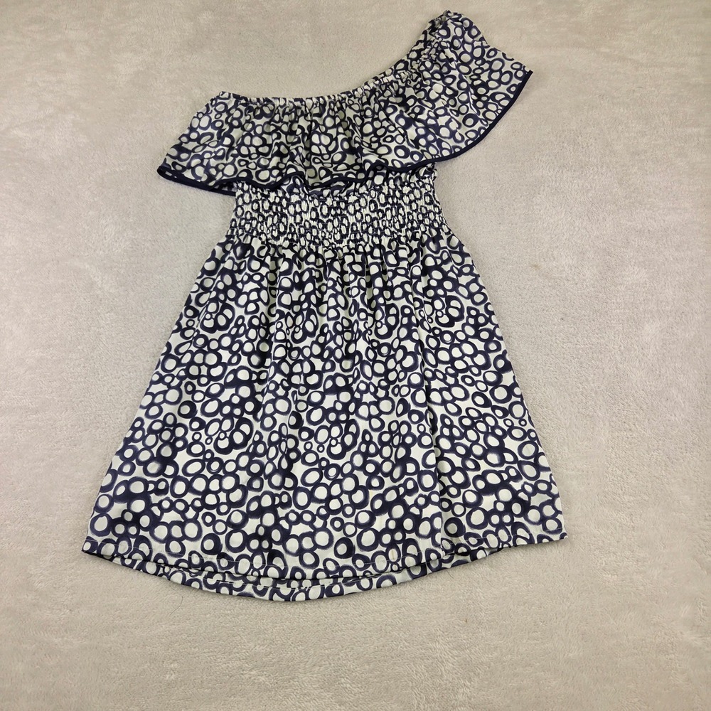 Joy Joy Navy White Circle Print Smocked Off The Shoulder Ruffle Top Medium